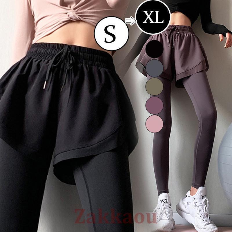 ヨガパンツ レギンス ヨガレギンス レディース フェイクレイヤード ショートパンツ付き スポーツウエア..