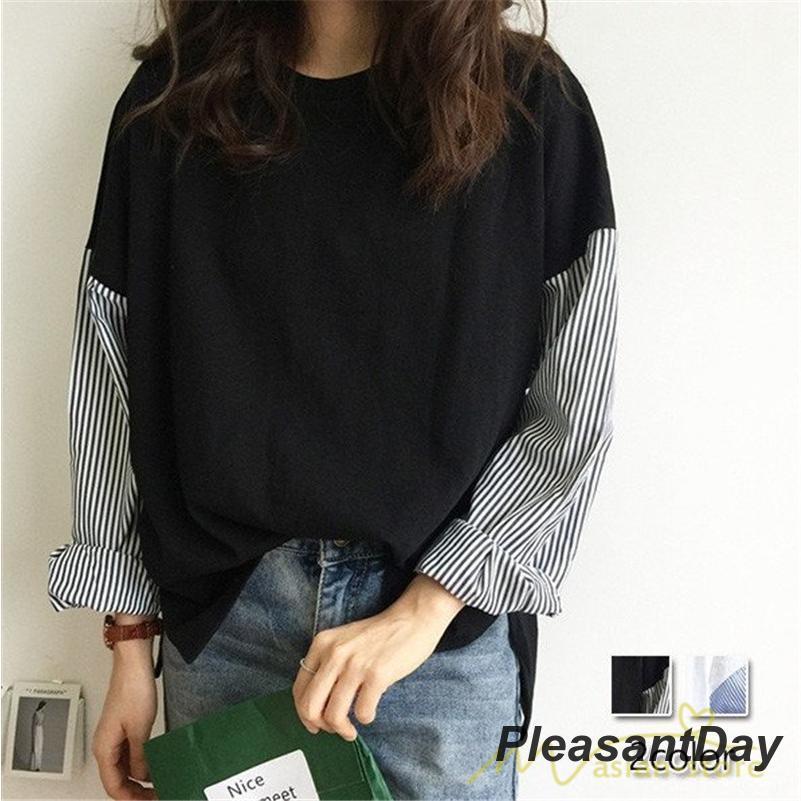 tシャツ カットソー レディース 春物 春夏秋 丸首 長袖 異素材 切り替え 無地 ストライプ コットン 黒tシャツ 白tシャツ サイドスリット ワイドシルエット