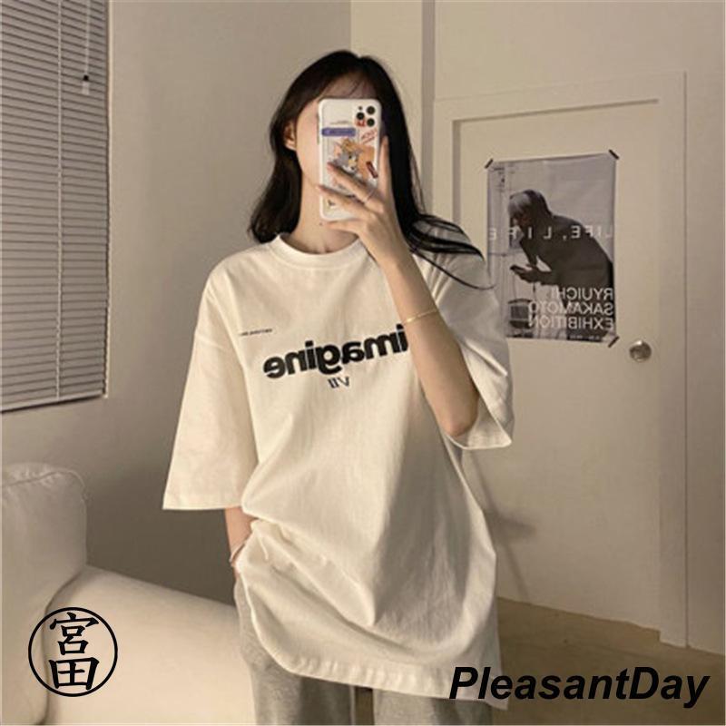 Other - tシャツ レディース 夏 半袖 5分袖 韓国 ロゴ カットソー Uネック トップス ゆるTシャツ 丸首 プルオーバー カジュアル ロゴ プリント グレー 白 黒