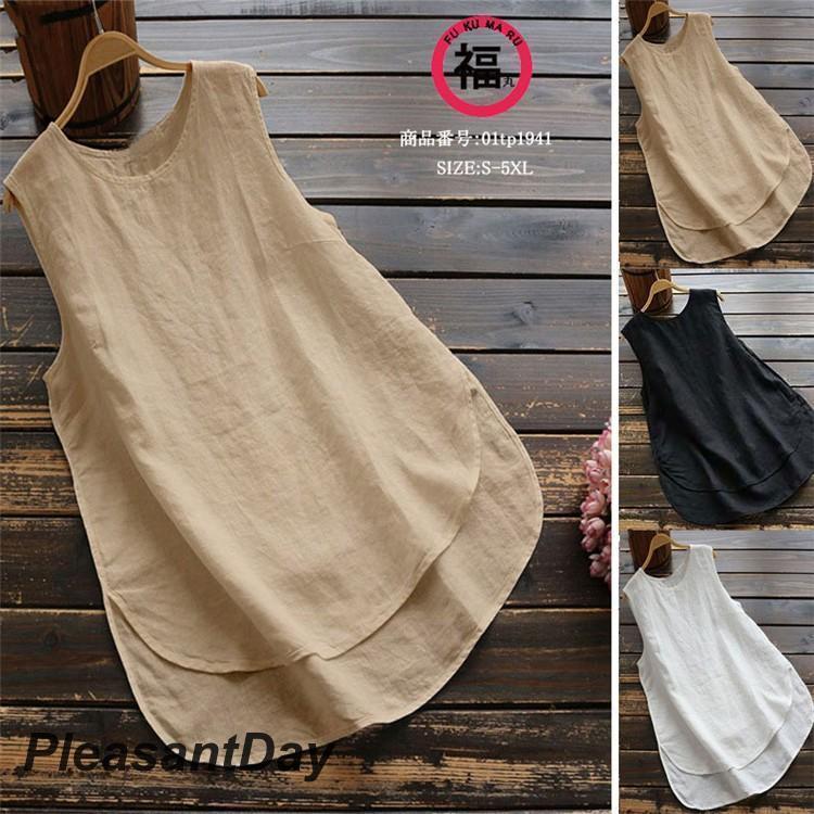 Sleeveless - シャツ シャツブラウス トップス Tシャツ レディース Uネック ノースリーブ 丸首 無地 スリット ベーシックカラー ドッキング 大きいサイズ シンプル 春 夏 綿麻