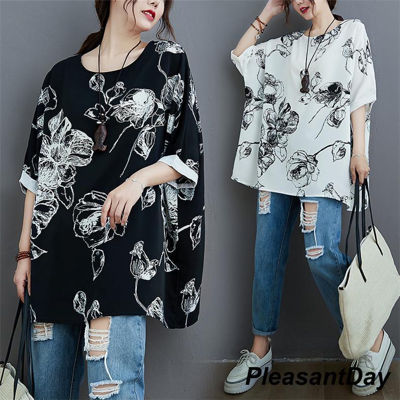 Rakuten - シフォンTシャツ レディース シャツ かわいい花柄 半袖 ドルマンスリーブ チュニック丈 ゆったり 着痩せ 春夏 50代 40代 30代 20代