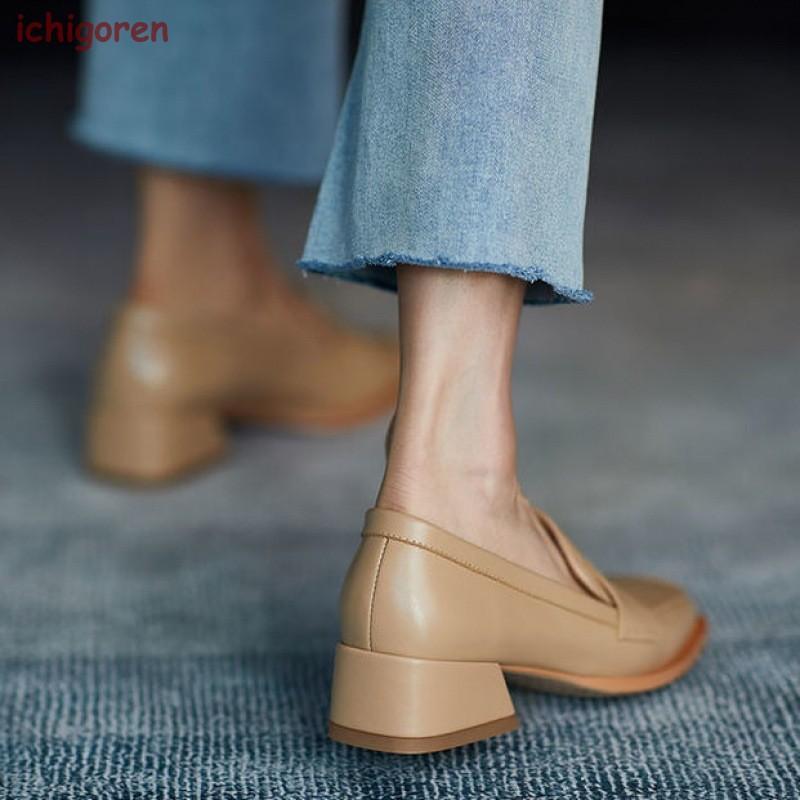 ローファー レディース ヒール 軽い スクエアトゥ 秋 痛くない コインローファー アイボリー キャメル ブラック 6サイズ展開