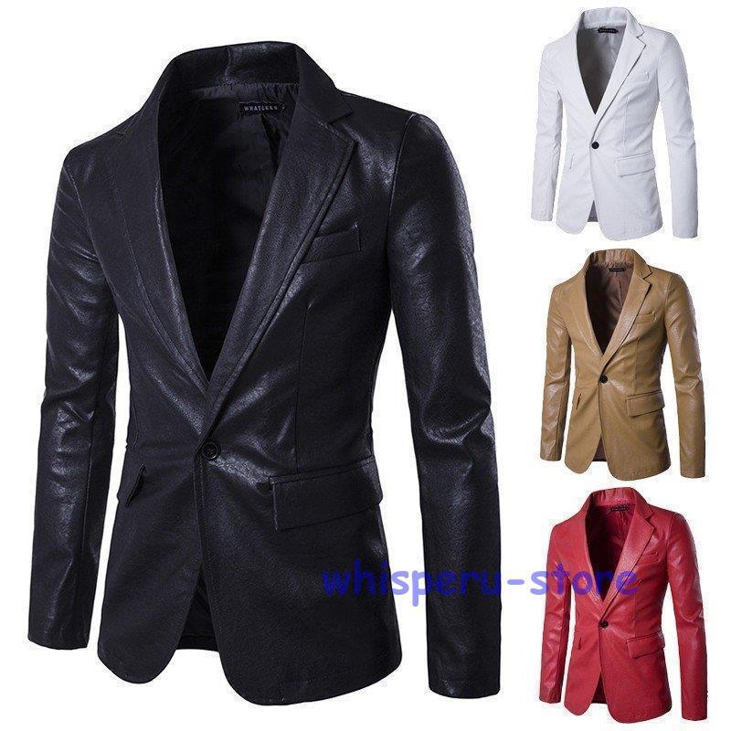 テーラードジャケット メンズ 無地 革ジャン PU カジュアル レザージャケット 春秋【アイテム詳細】色使いをモノトーンで纏める事で落ち着いた大人の雰囲気を演出できます！余計な装飾を省きシンプルに設計する事で、他のアイテムとも合わせやすいデザインに！お手頃な価格と機能的なデザインでこれからの季節重宝するPU製テーラードジャケット！【サイズ：cm】S　：肩幅41　胸囲98 　着丈71　袖丈64M　：肩幅43　胸囲100　着丈74　袖丈65L　：肩幅45　胸囲108　着丈76　袖丈66XL ：肩幅47　胸囲116　着丈78　袖丈672XL：肩幅49　胸囲124　着丈80　袖丈68※平置きで採寸を致しますので、多少の誤差がございます。【カラー】レッド、ブラック、ホワイト、イエロー【素材】PU 、ポリエステル　【関連キーワード】紳士服 ビジネス スーツ アウター 通勤 秋冬 新作 大きいサイズ