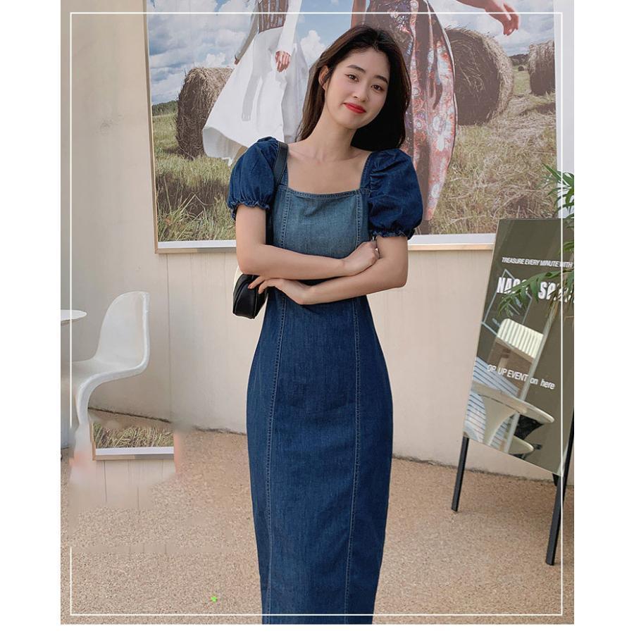 デニムワンピース レディース 夏 半袖 パフスリーブ ロング丈 ペンシルスカート スクエアーネック ハイウエスト 着痩せ おしゃれ きれいめ かわいい