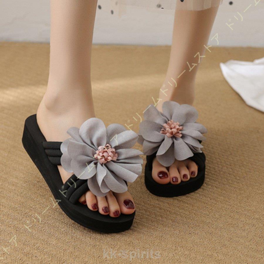 ビーチサンダル 花 厚底ビーチサンダル ウェッジソール リボンサンダル 厚底 ビーサン サンダル リボン..