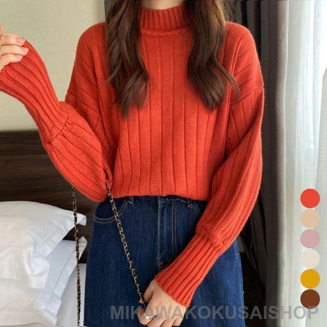 Turtleneck - ニット セーター 長袖 ニット ハーフハイネック レディース ニットセーター 厚手 バルーンスリーブ セーター 女性 ニットトップス プルオーバー 大人可愛い シ