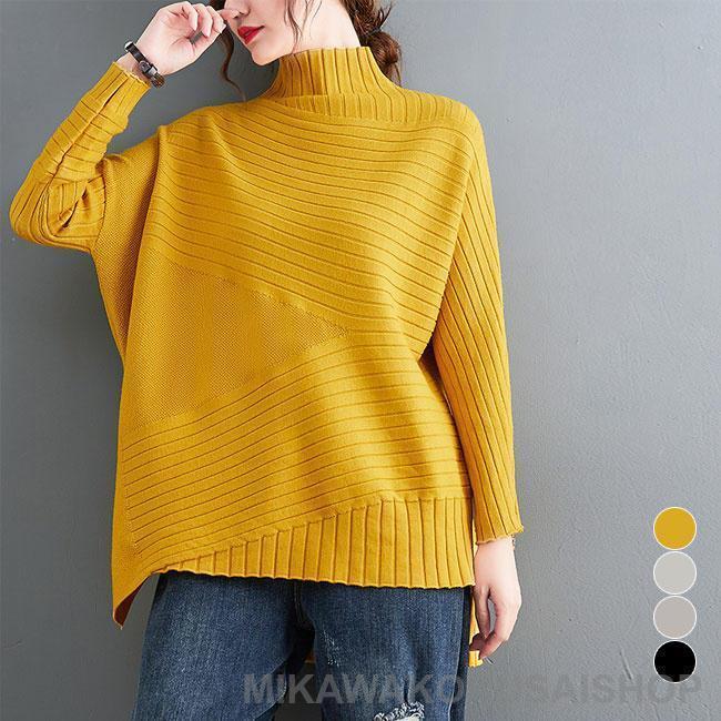 Turtleneck - ニット セーター 長袖 ニットセーター ハイネック レディース ニット セーター オーバーサイズ トップス 抜け感 オフィス ニットトップス おしゃれ 不規則裾 レ