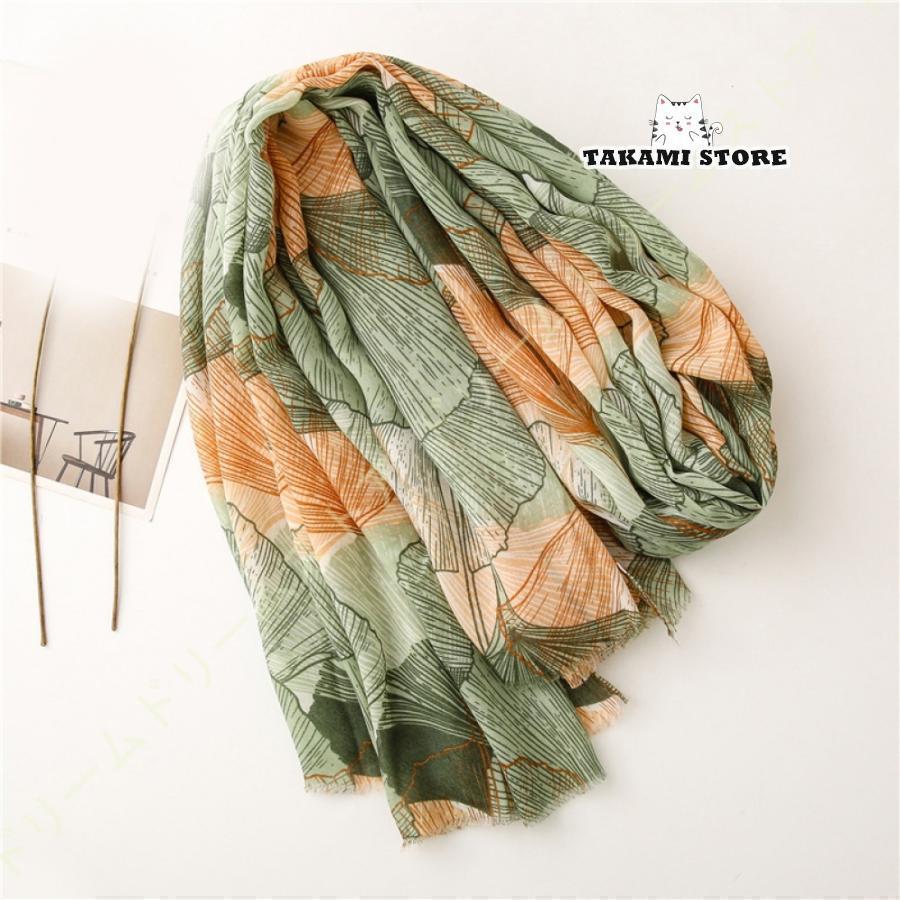 葉柄 大判 コットン リネン ストール マフラー 綿 大人 スカーフ タッセル 花柄 かわいい あったか 柔..