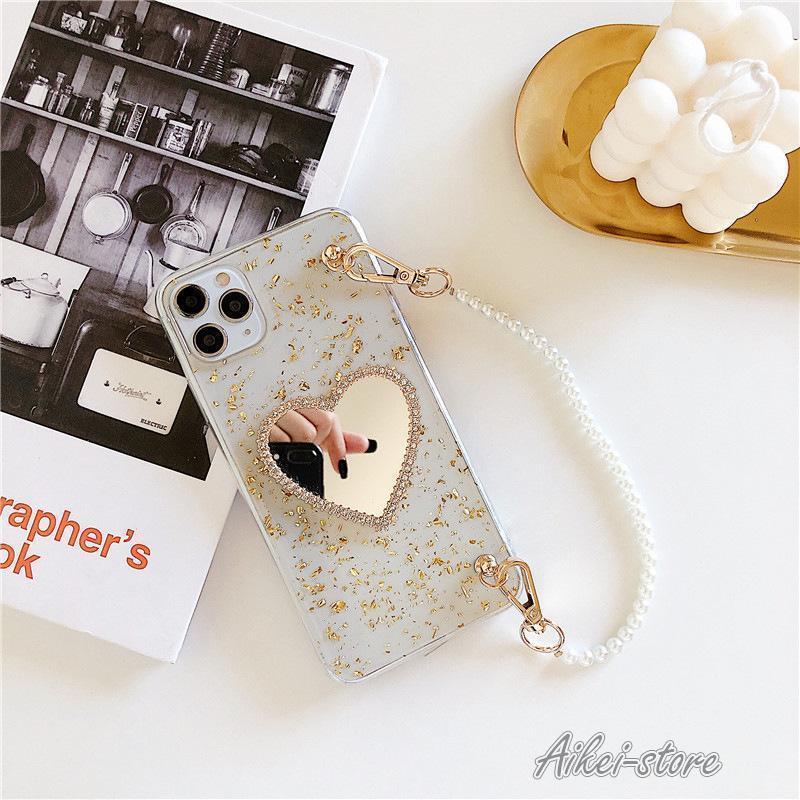iPhoneケース チェーンベルト付き スマートフォンケース クリア 鏡 ミラー フェイクパール スマホカバー 携帯カバー 落下防止 保護 傷防止 ア
