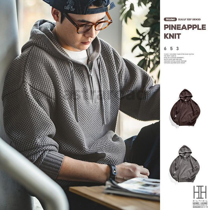 ニットパーカー セーター メンズ ニット トップス 秋冬 ハーフジップ フード付き 大きいサイズ カンガルーポケット カジュアル プルオーバー 編みニット