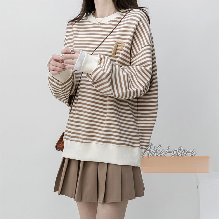 トレーナー レディース 長袖 秋 トップス カットソー 大きいサイズ ゆったり ボーダー 配色 重ね着風 刺繍 薄地 クルーネック おしゃれ 秋新作