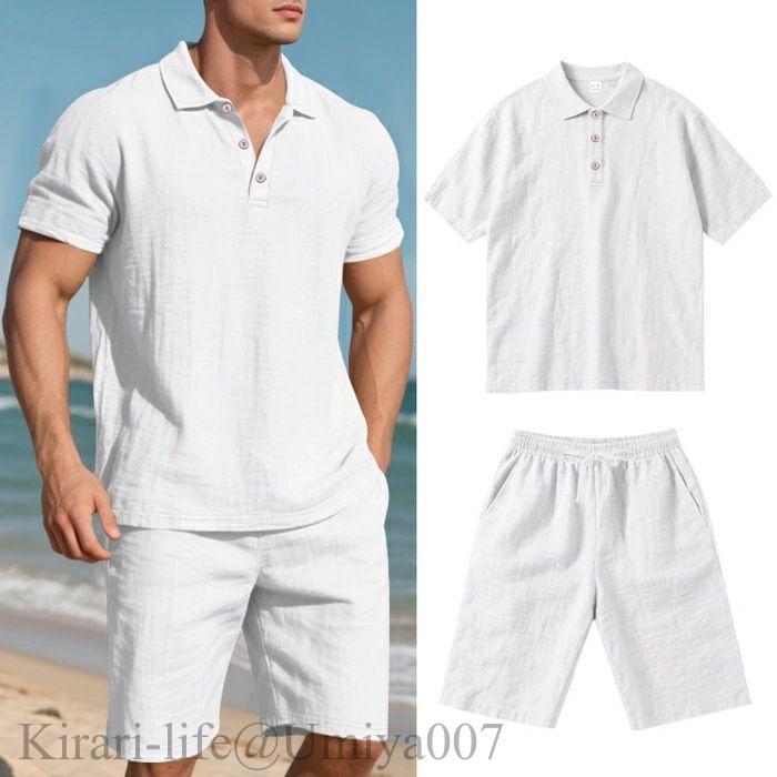 リアースワンの夏新作上下セット メンズ セットアップ 綿麻 リネン 夏服 半袖 Vネック シャツ ショートパンツ 涼しい カジュアル 快地 通気 ゴルフウェア ファッション 海 旅行｜アングル2