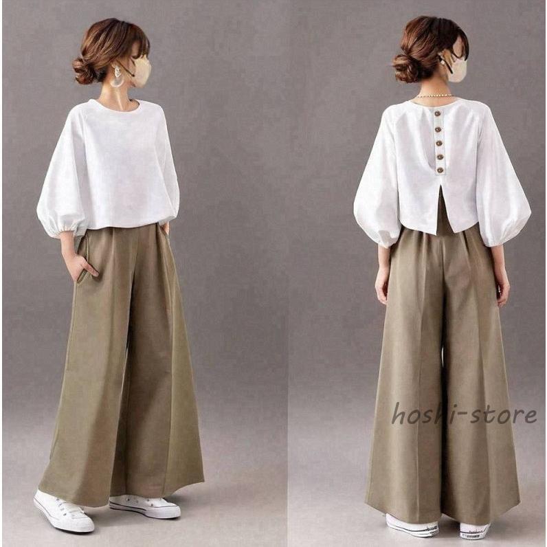樂天商城 - セットアップ レディース 夏 秋服 トップス ブラウス ショート丈 プルオーバー 丸首 七分袖 八分 ボトムズ ワイドパンツ ポケット付き ウエストゴム 大人 40代50