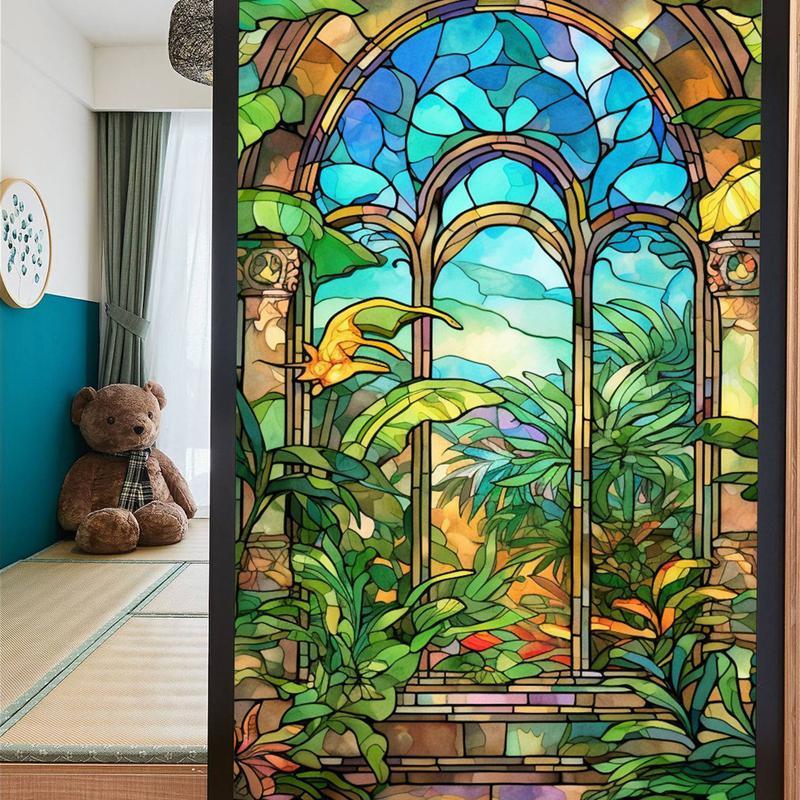 樂天商城 - 窓目隠しシール グリーン 植物柄 復古 教会風 断熱シート ガラスシート 窓用フィルム 外から見えない ガラス 貼ってはがせる 水で接着