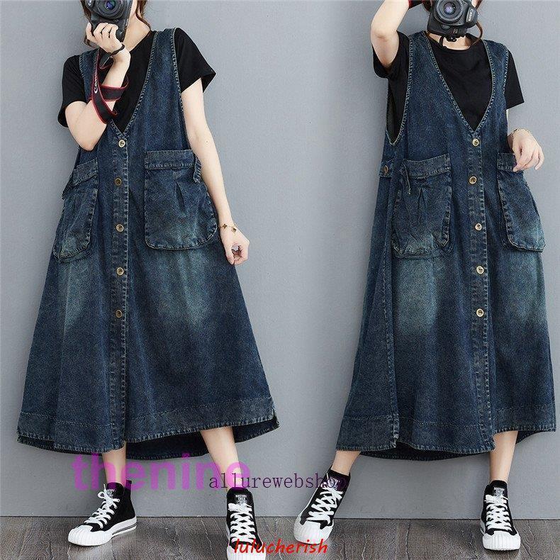 Rakuten - デニムサロペットワンピ レディース ジャンスカ ロング丈 無地 程よいダメージ 前後 左右に色落ち感があり ヴィンテージな仕上がり ネイビー系で大
