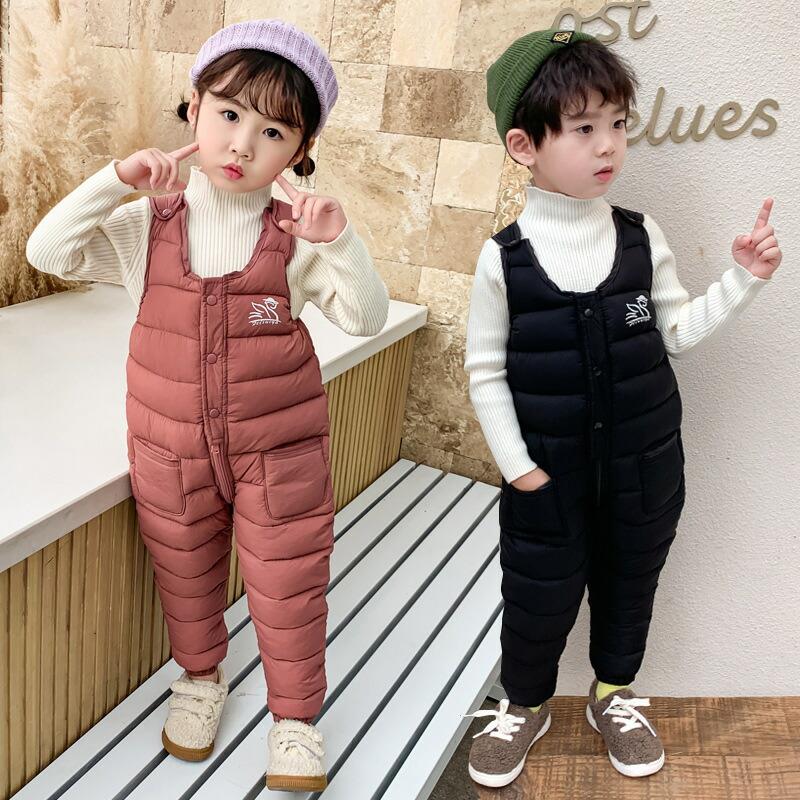 サロペット キッズ 秋服 冬服 子供服 ダウンパンツ サロペット カバーオール ジャンプスーツ 雪遊び 防寒着 保温 防寒対策 無地 子ども服 男の子 女の子 中綿 ロングパンツ ズボン 80 90 100 110 120cm