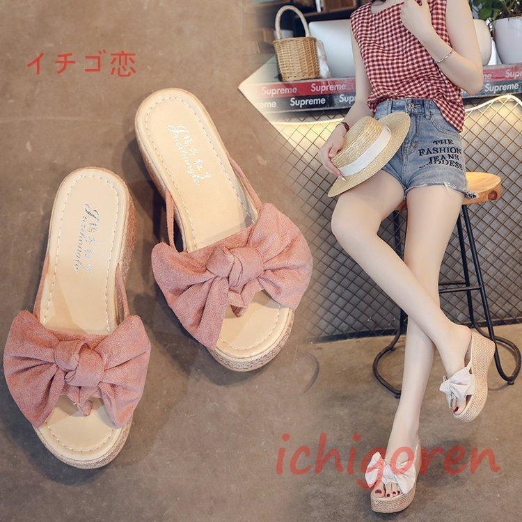 厚底サンダル レディース ウエッジソール サマー リボンサンダル リゾートサンダル 歩きやすい ヒール..