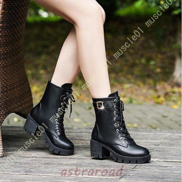 厚底ブーツ レディース 編み上げ ブーツ レースアップ バックル 太ヒール 美脚 カジュアルシューズ 超軽量 厚底 ショートブーツ 厚底アンクルブーツ 太ヒール