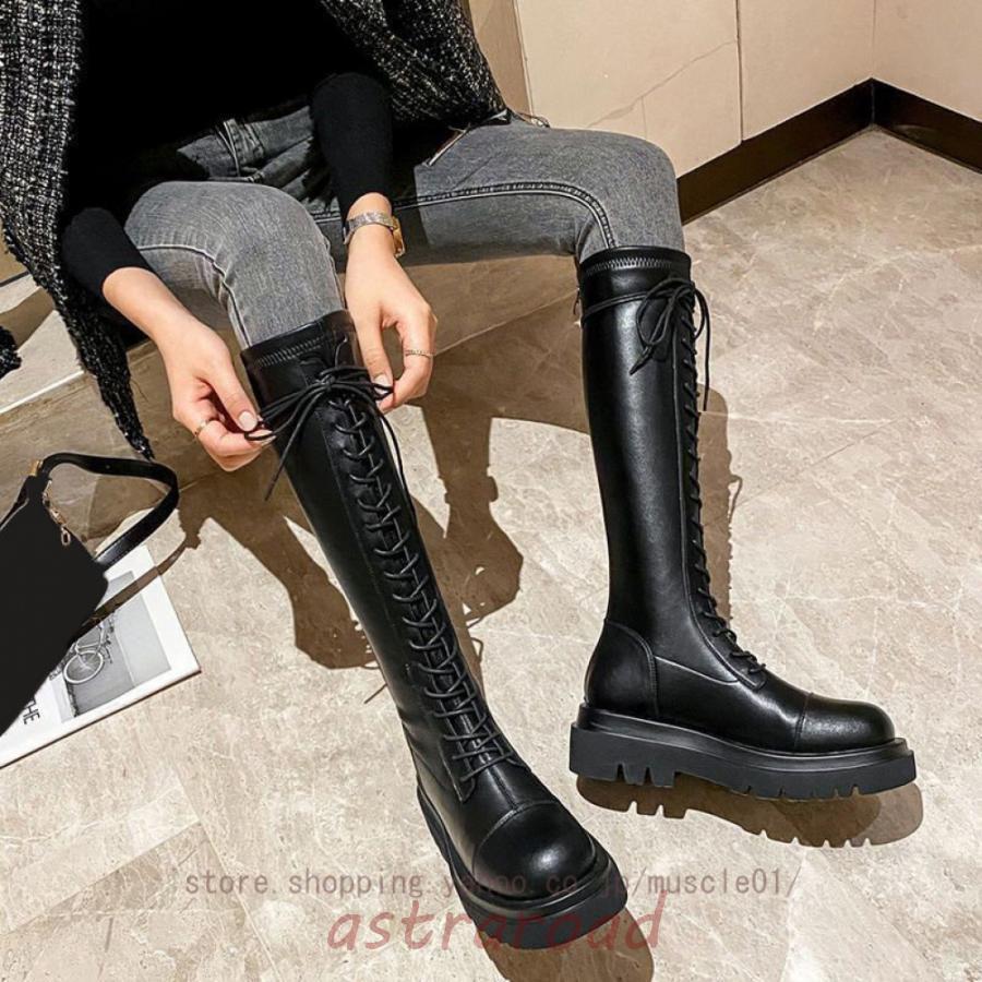 厚底ブーツ ロングブーツ レディース 編み上げブーツ チャンキーヒール 太ヒール ブラック レースアッ..