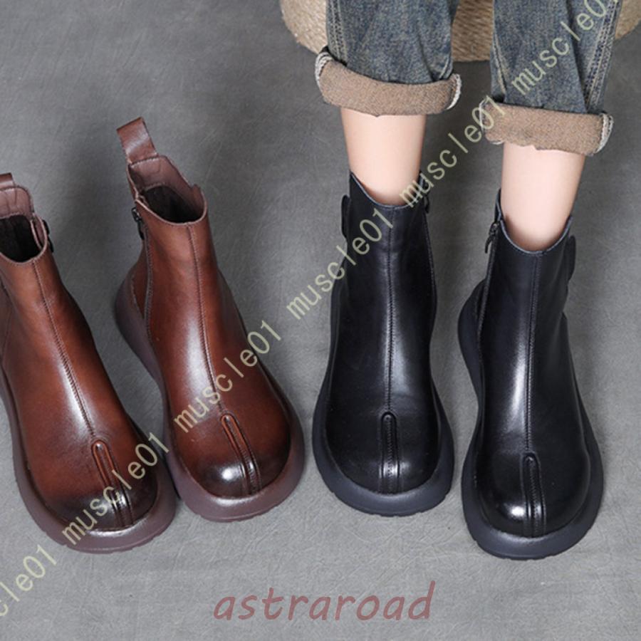 ショートブーツ 厚底ブーツ レディース 歩きやすい 厚底 軽量 幅広 本革 サイドファスナー アンクルブ..