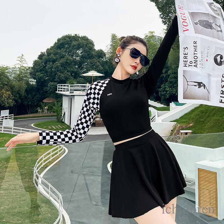 水着 レデイース 体型カバー 長袖 日焼け止め 露出控えめ 2点セット スカート スイミング セパレート式 上下セット オトナ女子 細見え フィットネス水着