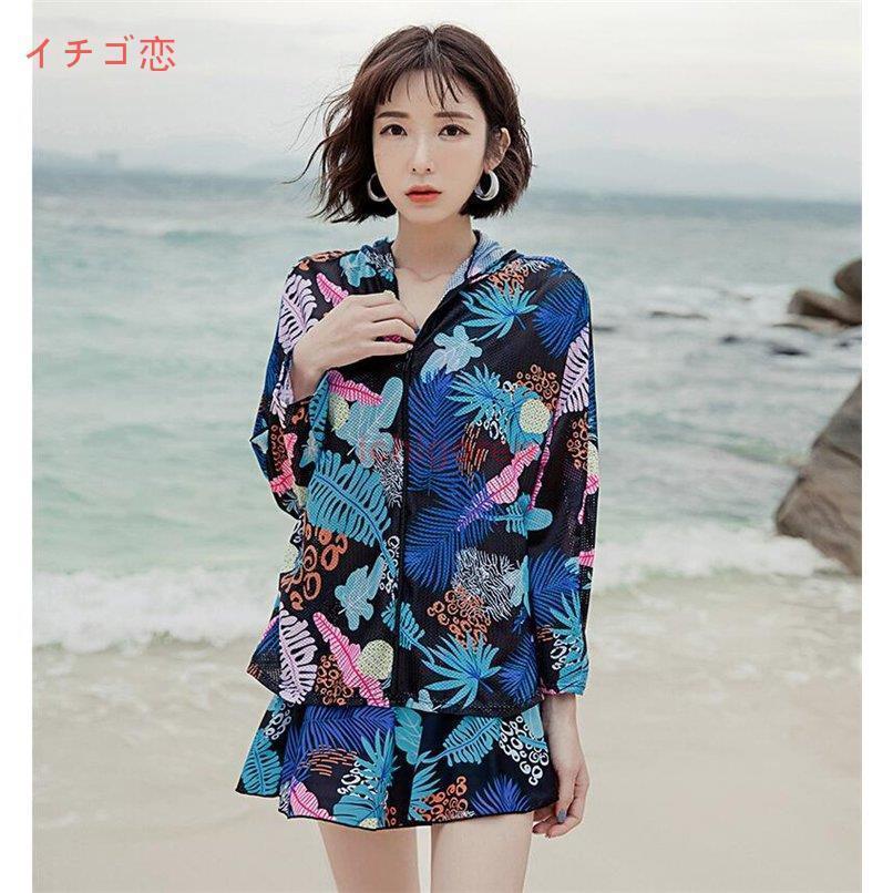 Rakuten - 水着 レディース 3点セット 夏 花柄 バンドゥ パレオ リゾート パッド付き 体型カバー UVカット ママ水着 海水浴 潜水 韓国風 可愛い 20代 30代 40代