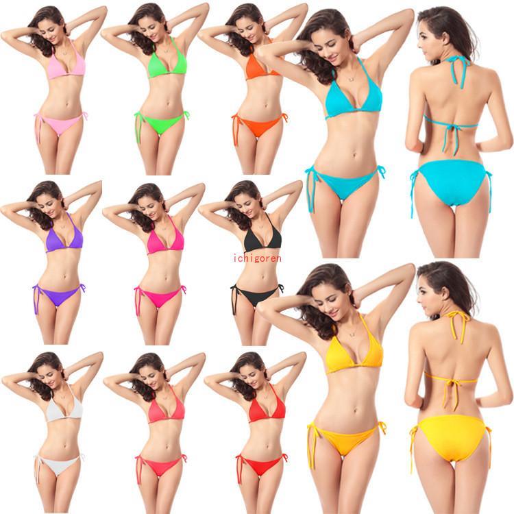 Rakuten - 三角ビキニ シンプル 水着 レディース ビキニ BIKINI 2点セット スイムウェア フリーサイズ 可愛い 11color 高級感たっぷり