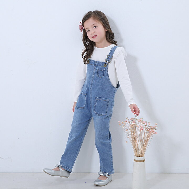 デニム オーバーオール ≪全2色≫ 100cm 110cm 120cm 130cm 140cm サロペット 子供服 子ども服 女の子 春服 夏服 カジュアル キッズ プチプラ ジュニア おしゃれ 安い かわいい 長ズボン オールインワン パンツ ボトムス ロングパンツ