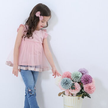 【値下げ!】肩フリルチュールチュニック風トップス ≪全6色≫ 100cm 110cm 120cm 130cm 140cm 女の子 子供服 子ども服 こども服 ノースリーブ 夏服 カジュアル キッズ プチプラ ジュニア おしゃれ 安い かわいい