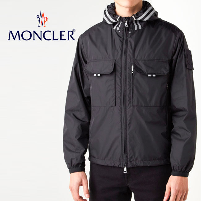 【MONCLER】モンクレール ABBE GIUBBOTTO 1B70200 68352 999/BLACK メンズブルゾン ジップアップ コート ジャンパー ナイロンジャケット 薄手 ライトアウター スプリングコート ロゴ フード付き
