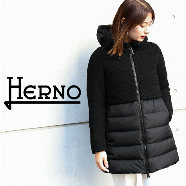 《2020-20AW 新作》【HERNO】ヘルノ PI0822D 33220 BLACK(9300) ニット切替 ダウン フード アウター コート セミロング ブラック レディース シンプル 通勤 軽量 防寒 防風 Aライン