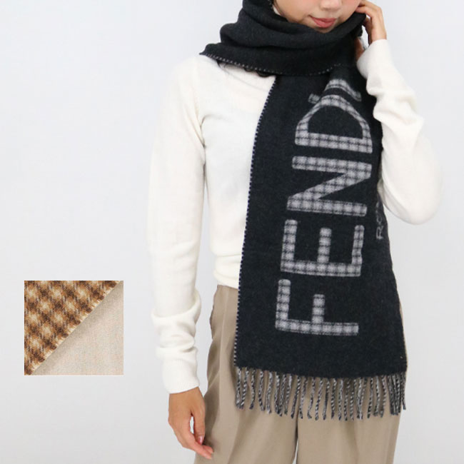 【FENDI】フェンディ FXT334 AHR1 カシミア混マフラー ストール F0QF7 F0QZ0 フリンジ ロゴ チェック FENDI ROMA ウール プレゼント ユニセックスのサムネイル