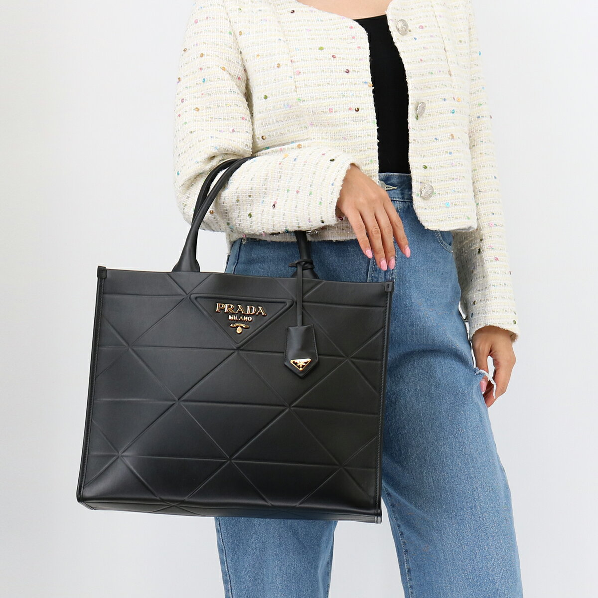 PRADA プラダ シンボル トップステッチ レザー ラージ バッグ 1BA377 VOCO トートバッグ トライアングルロゴ BLACK A4収納可能 ハンドバッグ レディースのサムネイル