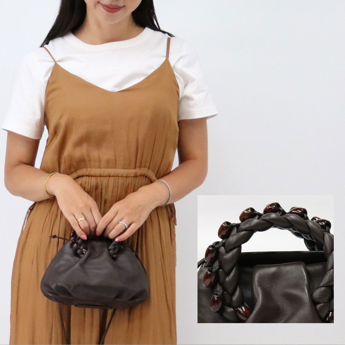 HEREU ヘリュー BOMBON BEADS WBR23BOBE003 レザー ショルダーバッグ ビーズ ポシェット クロスボディ 2way ミニバッグ 本革 斜めがけ ダークブラウン ブランド