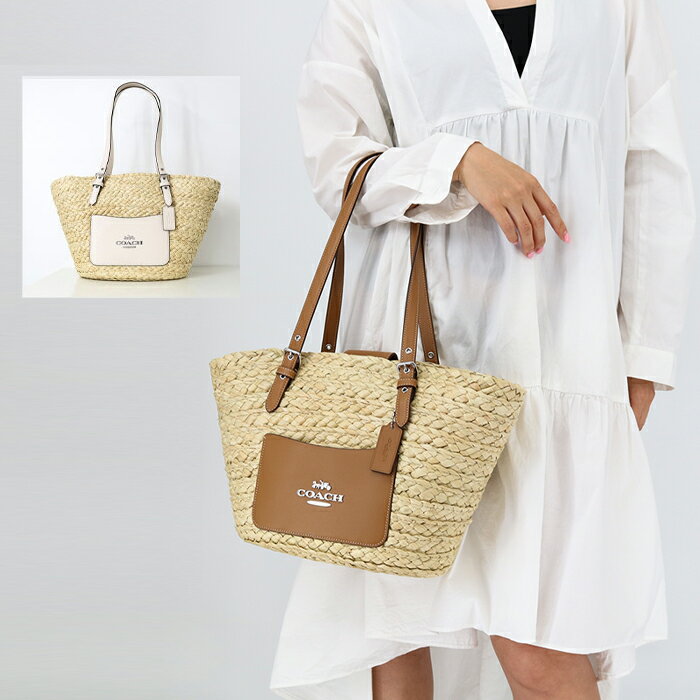 COACH コーチ CJ518 ラージ トート かごバッグ ハンドバッグ レザー ストロー A4収納可能 ロゴ レディース 鞄 肩掛けのサムネイル