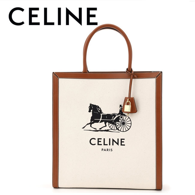 【CELINE】セリーヌ 190402DCI LARGE VERTICAL バーティカル カバ VERTICAL CAVA 02NT NATURAL+TAN プリントキャンバス カーフスキン トートバッグ ナチュラル×タン 馬車 ロゴ A4収納可能 02NT