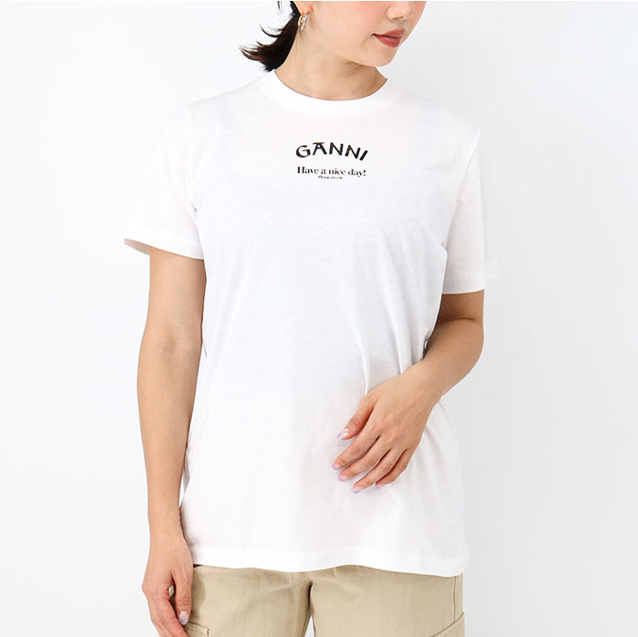 GANNI ガニー レディース Tシャツ T3561 WHITE RELAXED O-NECK T-SHIRT クルーネック 半袖 ロゴ SS TEE カットソー