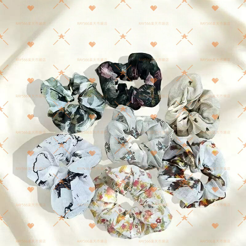 レトロな油彩・水墨フラワー柄シュシュ 布製ヘアゴム プリント柄ヘアアクセサリー ...