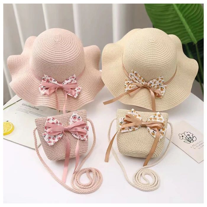 子供 日よけ帽子 女の子 日よけ麦わら帽子 バッグ セット キッズ 日よけ帽子 花柄 ...