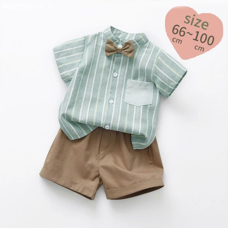 セットアップ 男の子 ベビー 綿100% フォーマル シャツ ショートパンツ 半袖 夏 蝶ネクタイ付きベビー ..