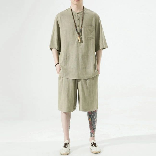 上下セット メンズ セットアップ 半袖 Tシャツ ハーフパンツ ショート リネン 2点セット リネン 綿麻 夏服