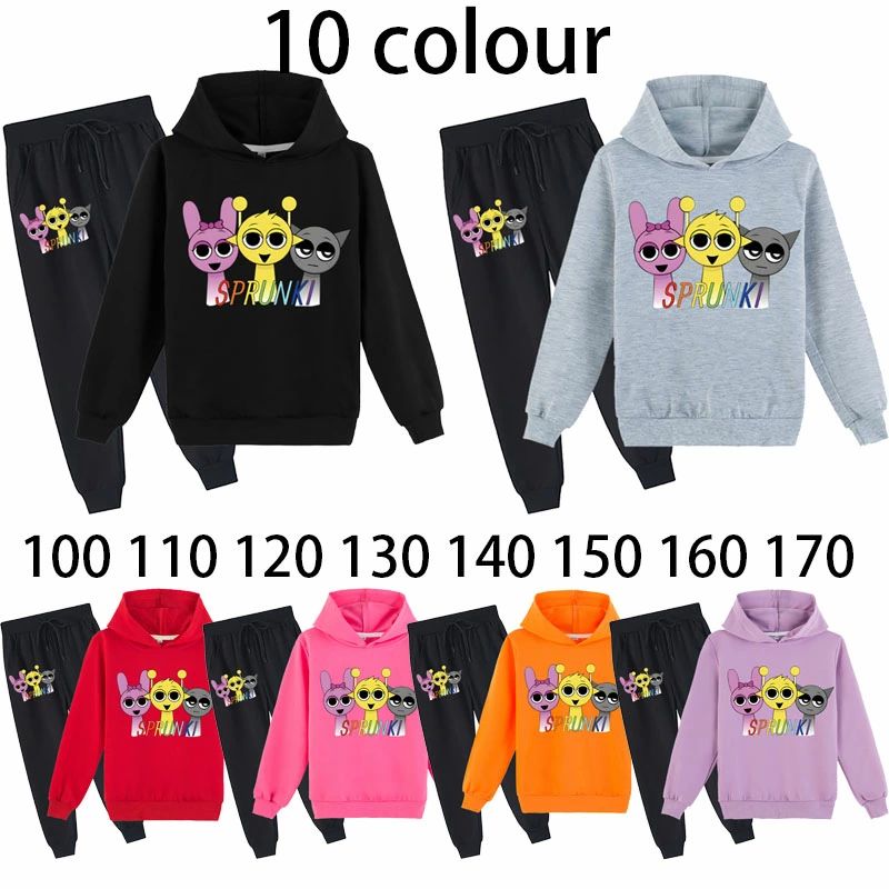 2025年の新商品、10色展開。Sprunkiパーカーとパンツのセット（ツーピース）。軽量。ゲームキャラクターデザイン。