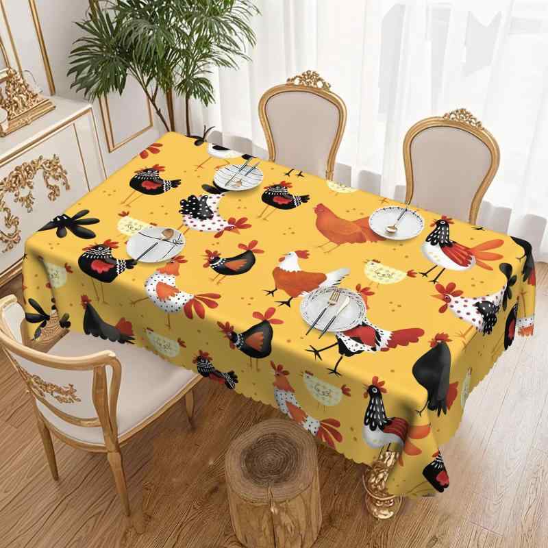 テーブルクロス かわいい ニワトリ柄 雄鶏 雌鶏 イエロー ポリエステル 防水 防油 円形 長方形 家庭 キッチン インテリア装飾