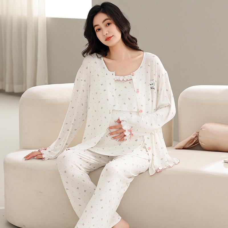 パジャマ レディース マタニティ 妊婦 モダール カーディガン キャミソール 長袖 ロングパンツ 授乳 カ..