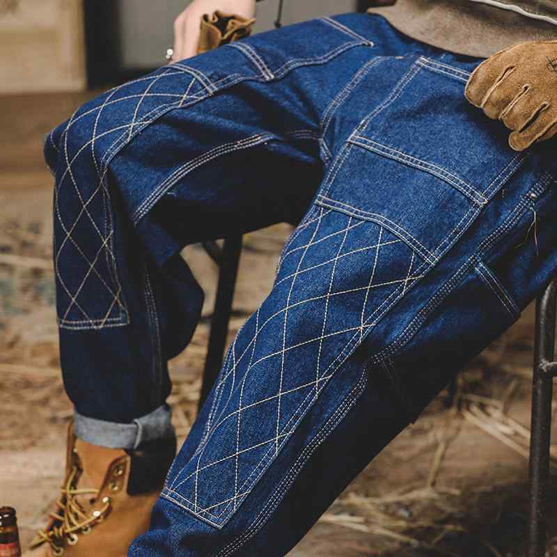 乐天商城 - デニムパンツ メンズ アメカジ アメリカンレトロ ワークテイスト ゆったり ルーズフィット ストレート ダブルニー ステッチデザイン コ