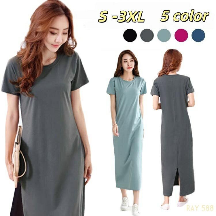 乐天商城 - 全5色×6サイズ！ロングtシャツワンピース ワンピース ワンピ tシャツワンピース コットンワンピース 半袖 夏 カジュアルワンピース カ
