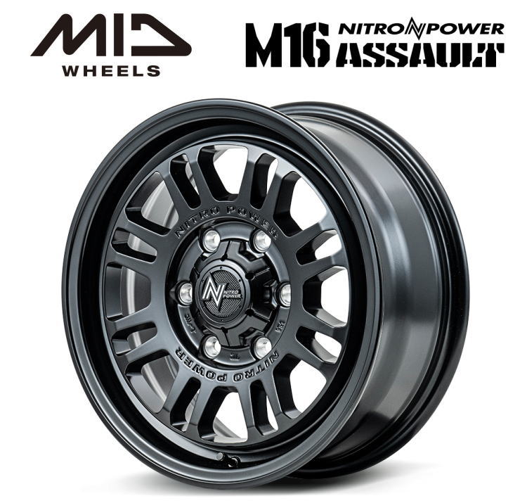 【送料無料・代引き可】【ホイール4本セット】MID NITRO POWER M16ASSAULT M16アサルト 16インチ 6.5J インセット38 6穴 P.C.D. 139.7 セミグロスブラック 200系ハイエース ホイール