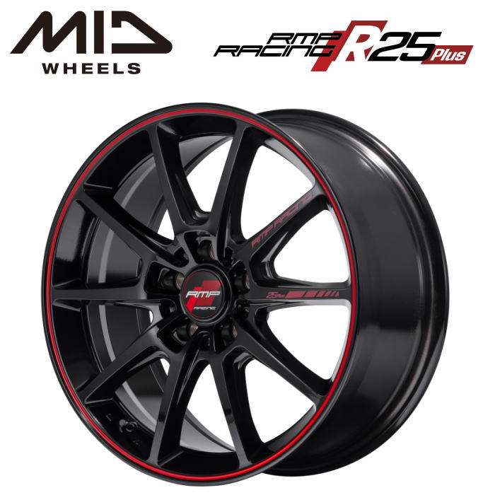 【送料無料・代引き可】【ホイール単品1本】MID RMPRACING R25Plus R25プラス 17インチ 7.5J インセット48 5穴 P.C.D. 114.3 ブラック/リムレッドライン 1