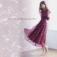 Raylily(レイリリー)ワインフラワーシャーリングパフスリーブロングドレス秋ワンピマキシ丈