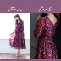 Raylily(レイリリー)ワインフラワーシャーリングパフスリーブロングドレス秋ワンピマキシ丈